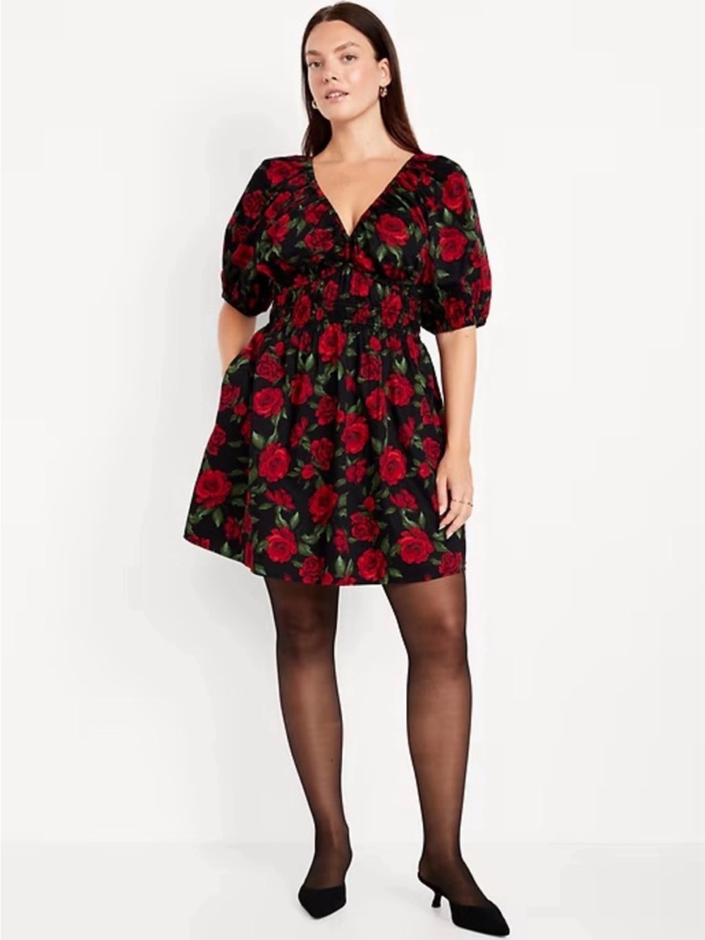 Old navy Floral V-Neck Smocked Waist Mini Dress - Red Rose